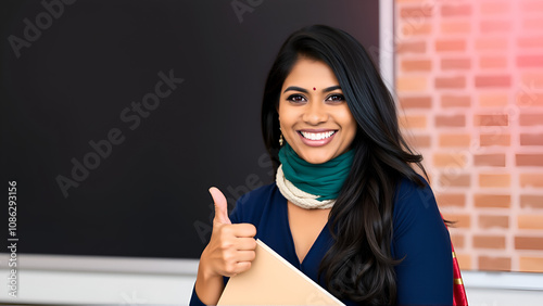 Smiling woman of Indian origin holding a file and shows thumbs up sign