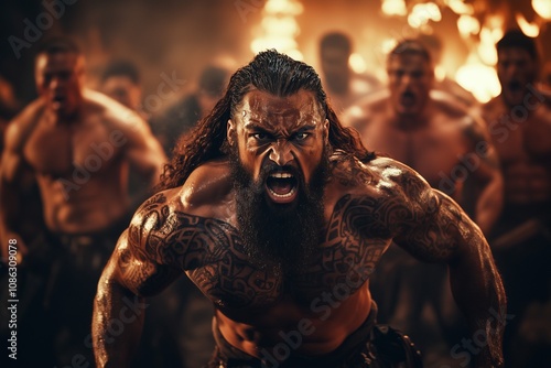 A group of Māori men performing the haka with intense expressions, their movements synchronized and powerful: A dynamic and energetic depiction of this iconic war dance