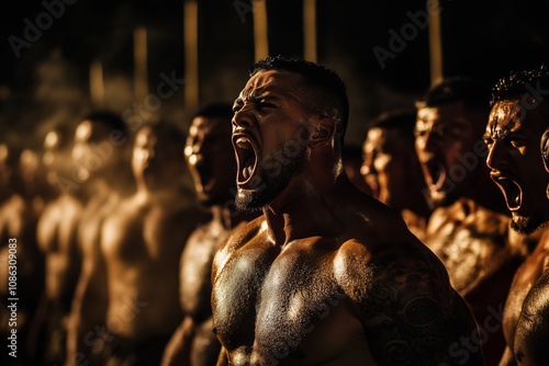 A group of Māori men performing the haka with intense expressions, their movements synchronized and powerful: A dynamic and energetic depiction of this iconic war dance