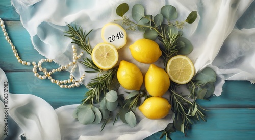 A flat lay with lemons, sprigs of rosemary and eucalyptus, a pearl necklace, a white fabric on a blue wooden surface, with a small white circle with the year 2046 on it.