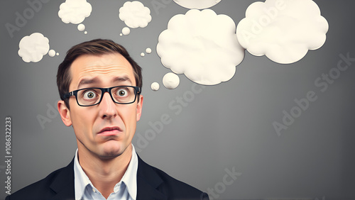 An individual with a confused expression, surrounded by unconnected thought bubbles, representing the disordered thinking in schizophrenia