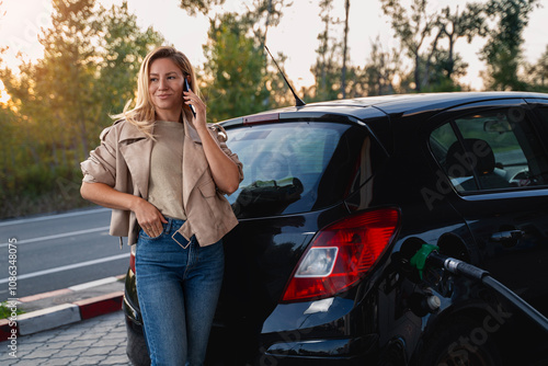 Young woman filling up gas tank of her car, at sunset