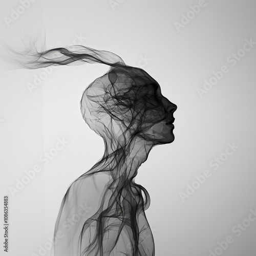 the silhouette of a person, filled with lines, and these are getting together to the inside of the head, art, concept, illustration, depression, - Generative AI