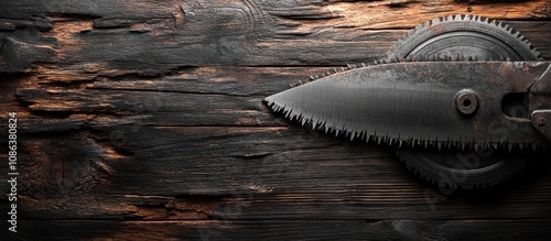 High-quality circular saw blade, sharp and detailed, set against a rugged wooden background 