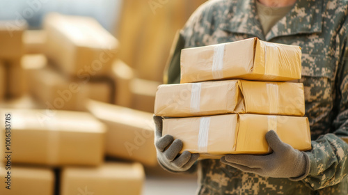 Military Personnel Holding Seized Packages Close-up of a soldier holding wrapped packages, symbolizing confiscation or seizure operations in a controlled environment