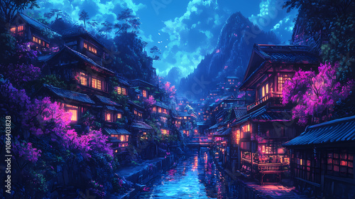 A synthwave cyberpunk drawing of a utopian japanese village at night, illuminated by vibrant neon colors and futuristic vibes. Neon Cyberpunk Alley. Illustration