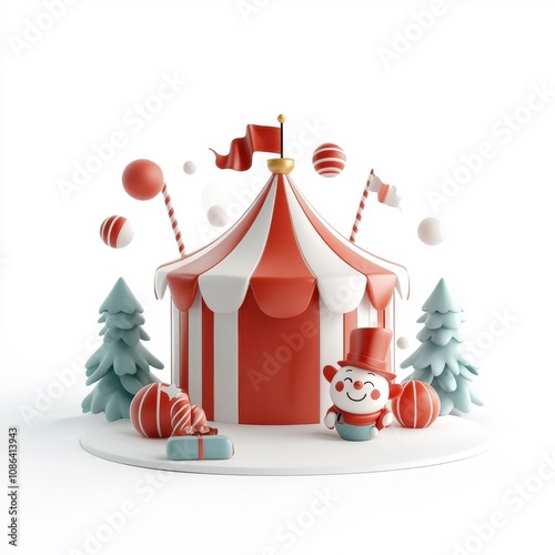 3D cartoon character featuring a circus tent, isolated on a white background, adding a whimsical touch.