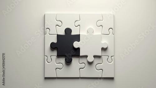 Minimalistic arrangement of black and white puzzle pieces on a clean white surface. Represents unity, contrast, and problem-solving concepts. Perfect for themes like teamwork, creativity, and strategi