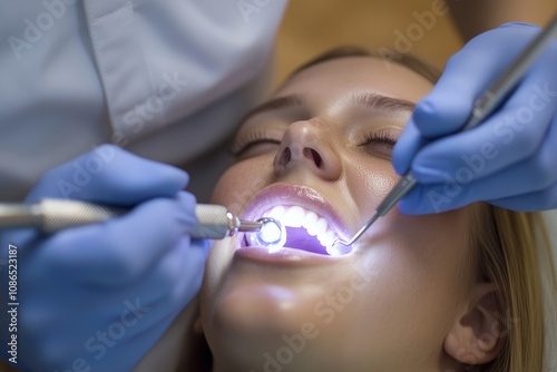 Dentist applying fluoride treatment to a patientâ€™s teeth, clean and modern dental office, focus on preventive care and oral hygiene