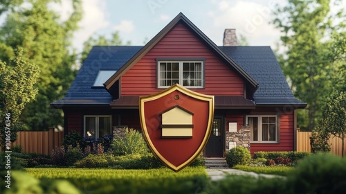 3D rendering of home and property covered by large shield and insurance documents