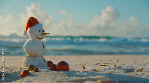 Australian beachside Christmas with a sandman in a Santa hat ocean wave in the background tropical holiday fun copy space