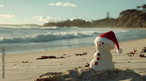 Australian beachside Christmas with a sandman in a Santa hat ocean wave in the background tropical holiday fun copy space