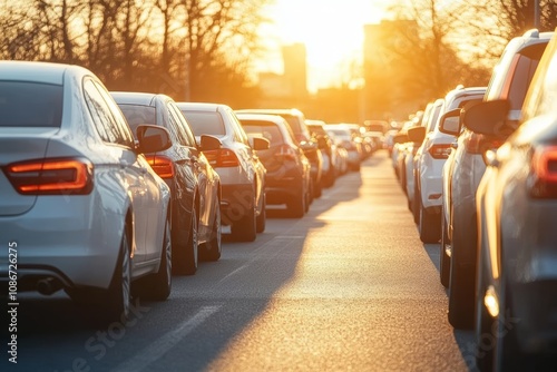 Crowded Parking Lot at Sunset with Cars in Various Colors and Long Shadows