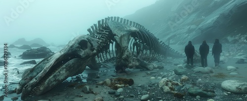 Three figures stand in awe beside a colossal whale skeleton on a foggy beach, surrounded by smooth stones and gentle waves lapping at the shore