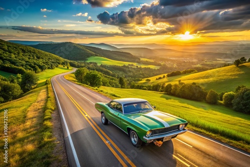 Aerial View of a Classic Muscle Car on a Scenic Highway Surrounded by Lush Greenery, Capturing the Essence of Freedom and Adventure in an Iconic 1968 American Automobile