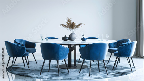 Modern dining table with blue chairs and round marble top, blue velvet chair backrests