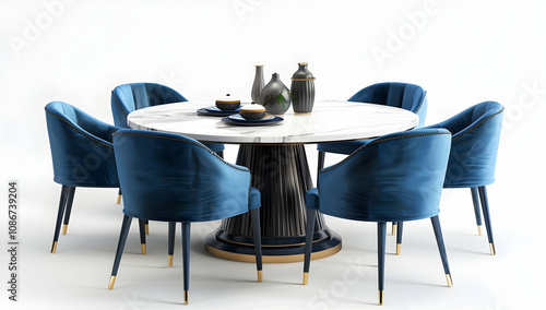 Modern dining table with blue chairs and round marble top, blue velvet chair backrests