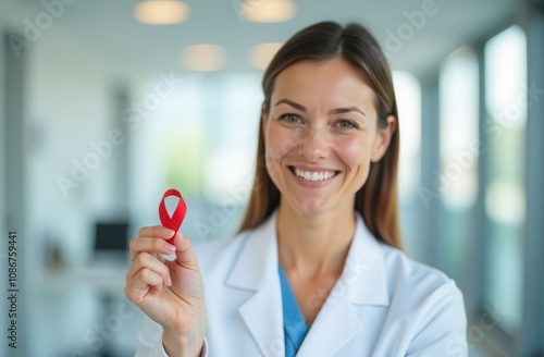 AIDS Day. A doctor with red ribbon 