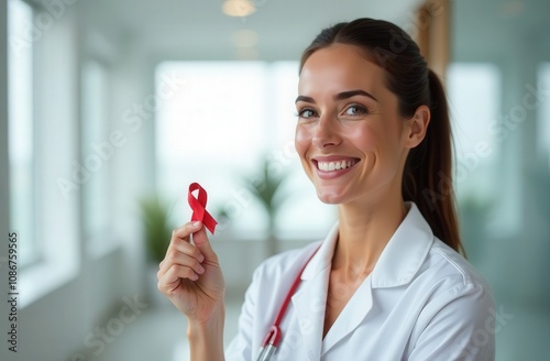 AIDS Day. A doctor with red ribbon 