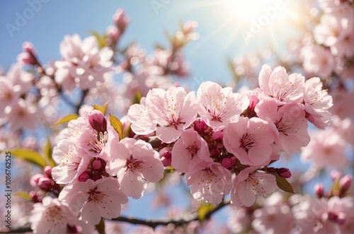 Flowering branches of fruit trees in spring , pink flowers in spring .