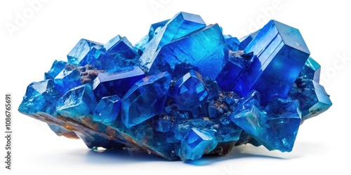 Blue vitriol mineral displayed against a white backdrop, showcasing the stunning candid photography of vibrant copper sulfate crystals in exquisite detail and clarity.