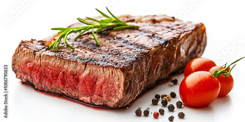 Grilled beef steak, medium rare steak, isolated on white background