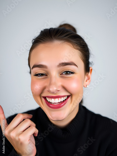 Studio close-up shot of a positive flirtatious young European woman with dark eyes, smiling happily, blinking at the camera in a playful manner, flirting with you.