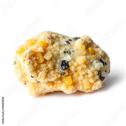 Close up image of a raw nepheline with titanite and feldspar minerals isolated on a white background from Khibiny Kola Peninsula