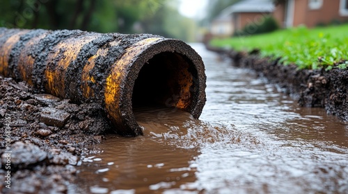 Water flows from a worn pipe into a muddy trench, highlighting the aftermath of rainfall in a suburban area, where nature intertwines with human structures