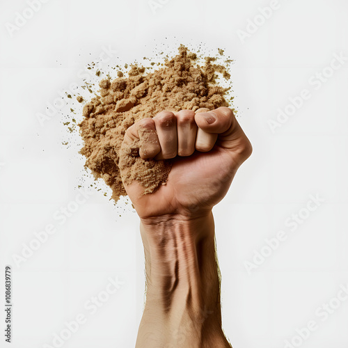 , protein powder in man muscular hand shape, bodybuilding and power sport concept highlighted by white, simple style, png