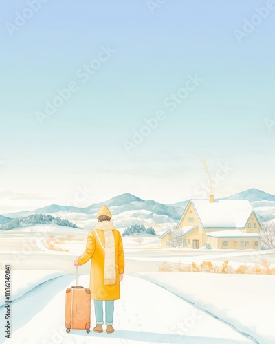 Christmas homecoming concept. A person with luggage on the pathway to homeland