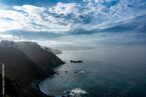 Views of the rugged Asturian coast from the Espiritu Santo viewpoint in Muros de Nalon. Asturias, Spain.