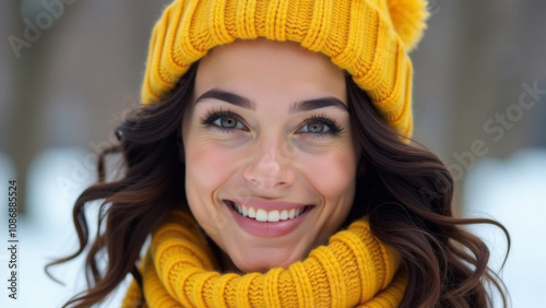 Beautiful cheerful happy dark-haired curly young woman, yellow hat and scarf, in a snowy park. Banner.