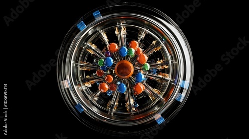 Detailed illustration of a quark proton, displaying its intrinsic properties, features multiple colored spheres representing quarks in a hyper-realistic design.