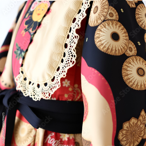 Close up view of intricately remade clothes crafted from vintage kimono fabric showcasing unique textile art and sustainable fashion