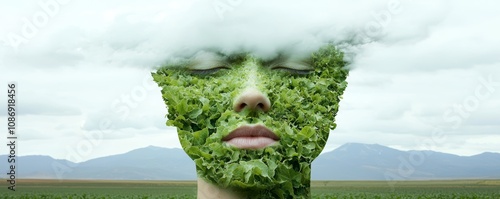 Hidden Faces in Nature, Subtle human-like faces emerge from the patterns of the fields, mountains, and clouds, creating a surreal farm portrait.