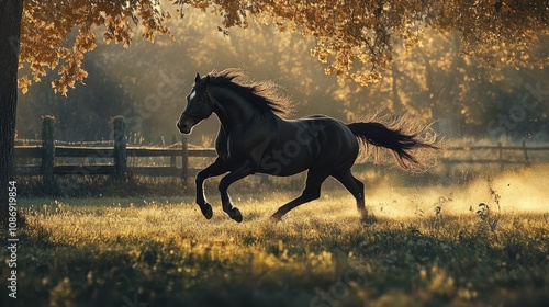 Strong black Warmblood horse galloping through a sunlit morning field, surrounded by golden autumn leaves and a tranquil fence backdrop.