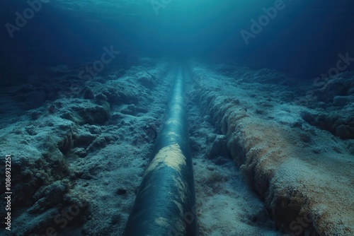 Underwater pipeline runs across ocean floor. This image shows a pipeline resting on the ocean floor, providing a visual representation of infrastructure and technology beneath the waves.