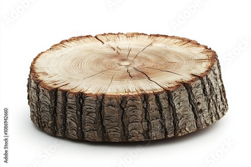 Cross section of tree trunk on white background , isolated on white background, , copy space for text,