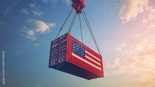 American Flag Shipping Container Being Lifted by Crane , symbolizing U.S. trade, exports, and global logistics.