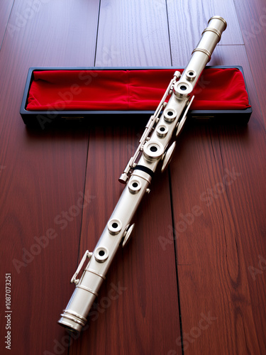 Silver transversal flute with red velvet case on wooden background