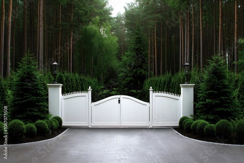 White wooden imposing mansion gates to a park, landscaped gardens, majestic entrance doorway.