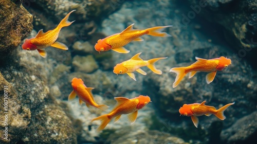 Vibrant orange fish swimming in unison among rocky underwater landscape, symbolizing teamwork, leadership, and innovation in business dynamics.