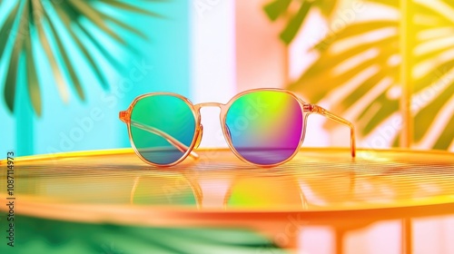 Colorful interchangeable sunglasses with reflective lenses displayed on a stylish table surrounded by vibrant tropical elements in a fashionable optical setting.