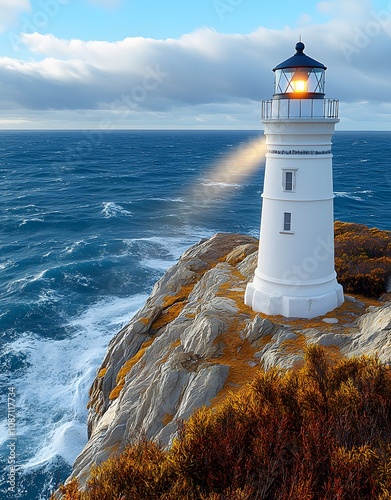 A lighthouse stands on a rocky coast, illuminating the ocean and guiding ships.