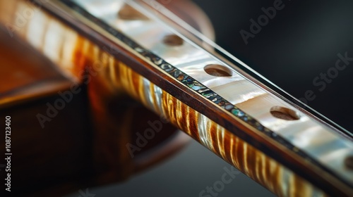 Close-up of a rare violin bow with mother-of-pearl inlays, focusing on the craftsmanship and wear from years of playing.