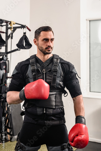 Portrait of fit man in boxing gloves having EMS training in modern gym, Fitness transformation: Electro stimulator in gym environment, great for bodybuilding promotions