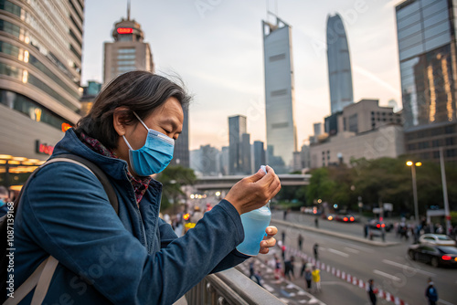 Urban safety: man with mask and hand sanitizer on city balcony at dusk