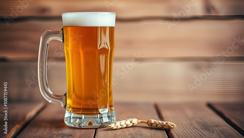 beer mug with wheat on wooden table