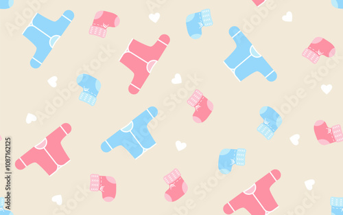 Newborn undershirts and socks on a beige background. Baby seamless pattern in flat style. Background for paper, gift wrap, textile, card, wallpaper.